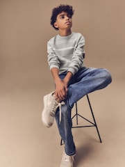 Light Grey Knitted Stripe Crew Neck 100% Cotton Jumper (3-16yrs) - Image 3 of 9