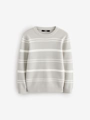Light Grey Knitted Stripe Crew Neck 100% Cotton Jumper (3-16yrs) - Image 6 of 9