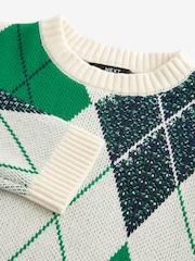 Green Argyle Pattern 100% Cotton Knitted Crew Neck Jumper (3-16yrs) - Image 1 of 8