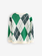 Green Argyle Pattern 100% Cotton Knitted Crew Neck Jumper (3-16yrs) - Image 2 of 8