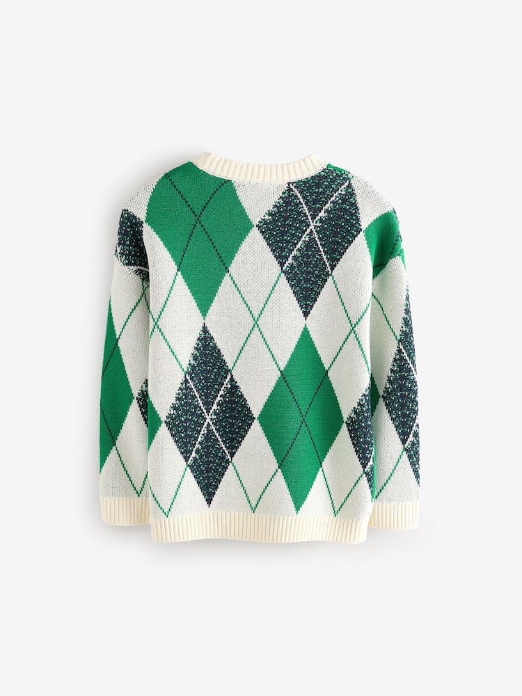 Green Argyle Pattern 100% Cotton Knitted Crew Neck Jumper (3-16yrs) - Image 2 of 8