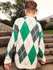 Green Argyle Pattern 100% Cotton Knitted Crew Neck Jumper (3-16yrs) - Image 8 of 8