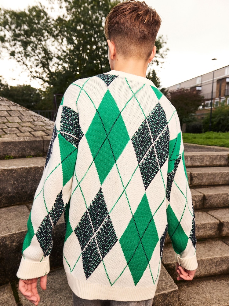 Green Argyle Pattern 100% Cotton Knitted Crew Neck Jumper (3-16yrs) - Image 8 of 8