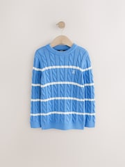 Blue/White Stripe Cable Knit Crew Neck 100% Cotton Jumper (3-16yrs) - Image 1 of 5