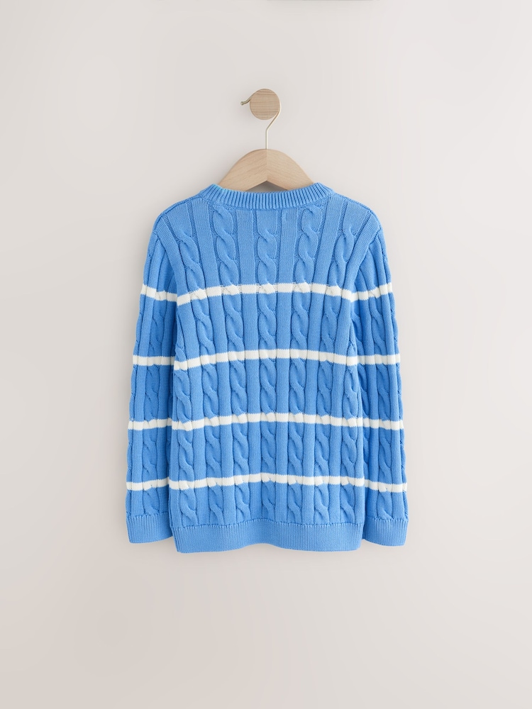 Blue/White Stripe Cable Knit Crew Neck 100% Cotton Jumper (3-16yrs) - Image 2 of 5