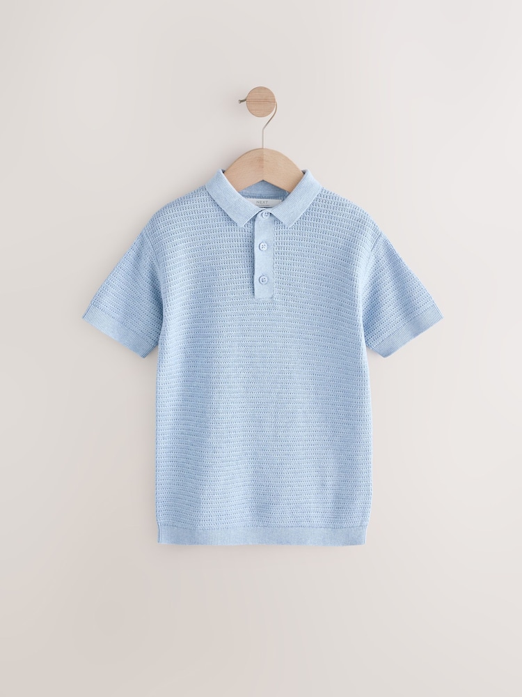 Blue 100% Cotton Textured Short Sleeve Knitted Polo Shirt (3-16yrs) (3-16yrs) - Image 1 of 4