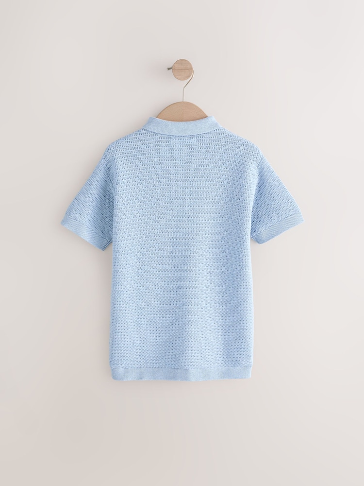 Blue 100% Cotton Textured Short Sleeve Knitted Polo Shirt (3-16yrs) (3-16yrs) - Image 2 of 4