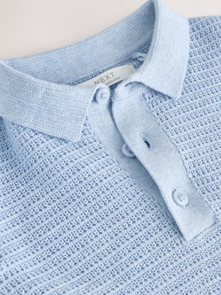 Blue 100% Cotton Textured Short Sleeve Knitted Polo Shirt (3-16yrs) (3-16yrs) - Image 4 of 4