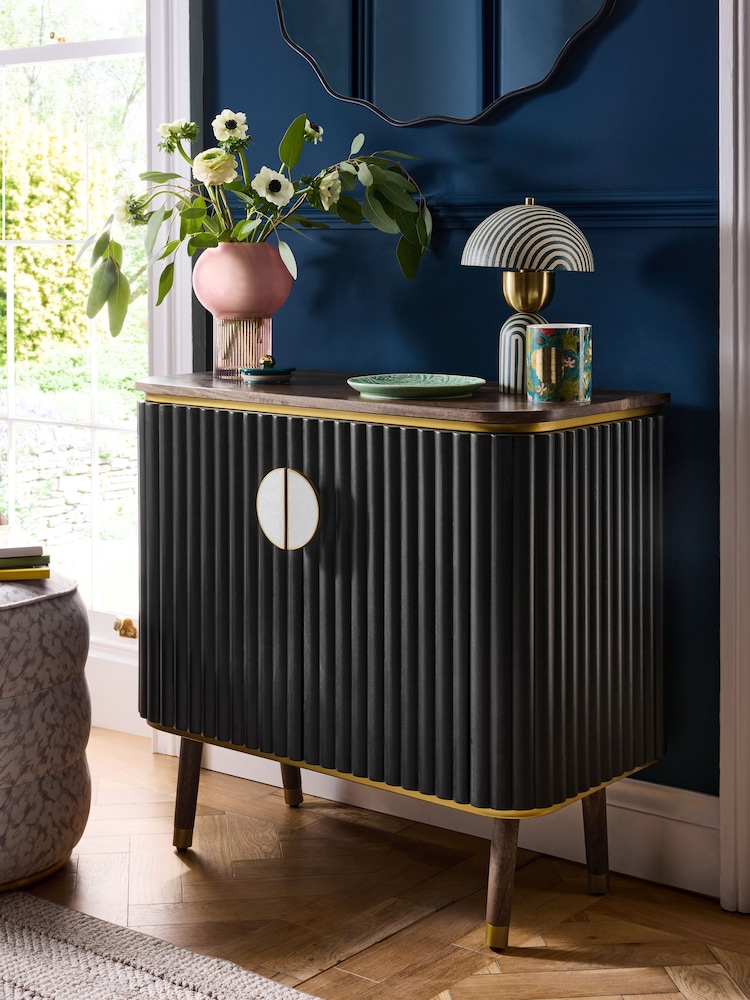 Clarke & Clarke Ribbed Black Mango Wood Calisto Small Sideboard - Image 2 of 10