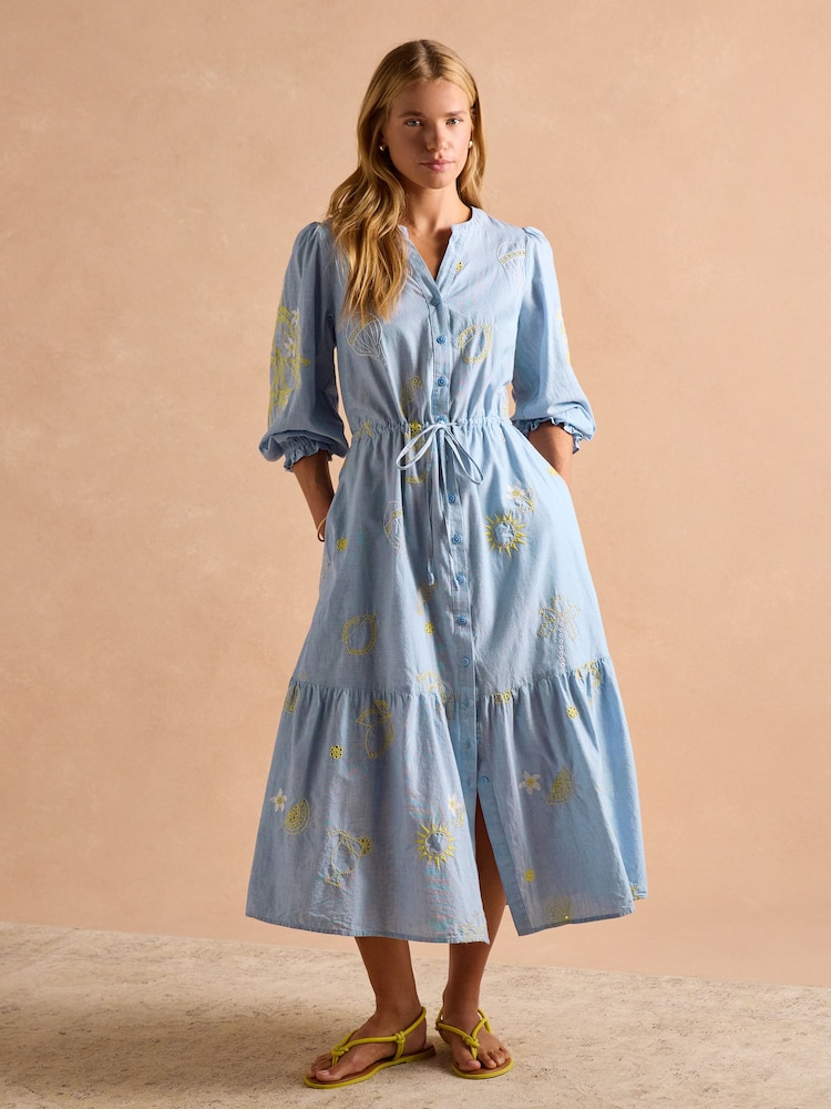Joules Juliana 100% Cotton Blue Broderie Midi Dress - Image 4 of 11