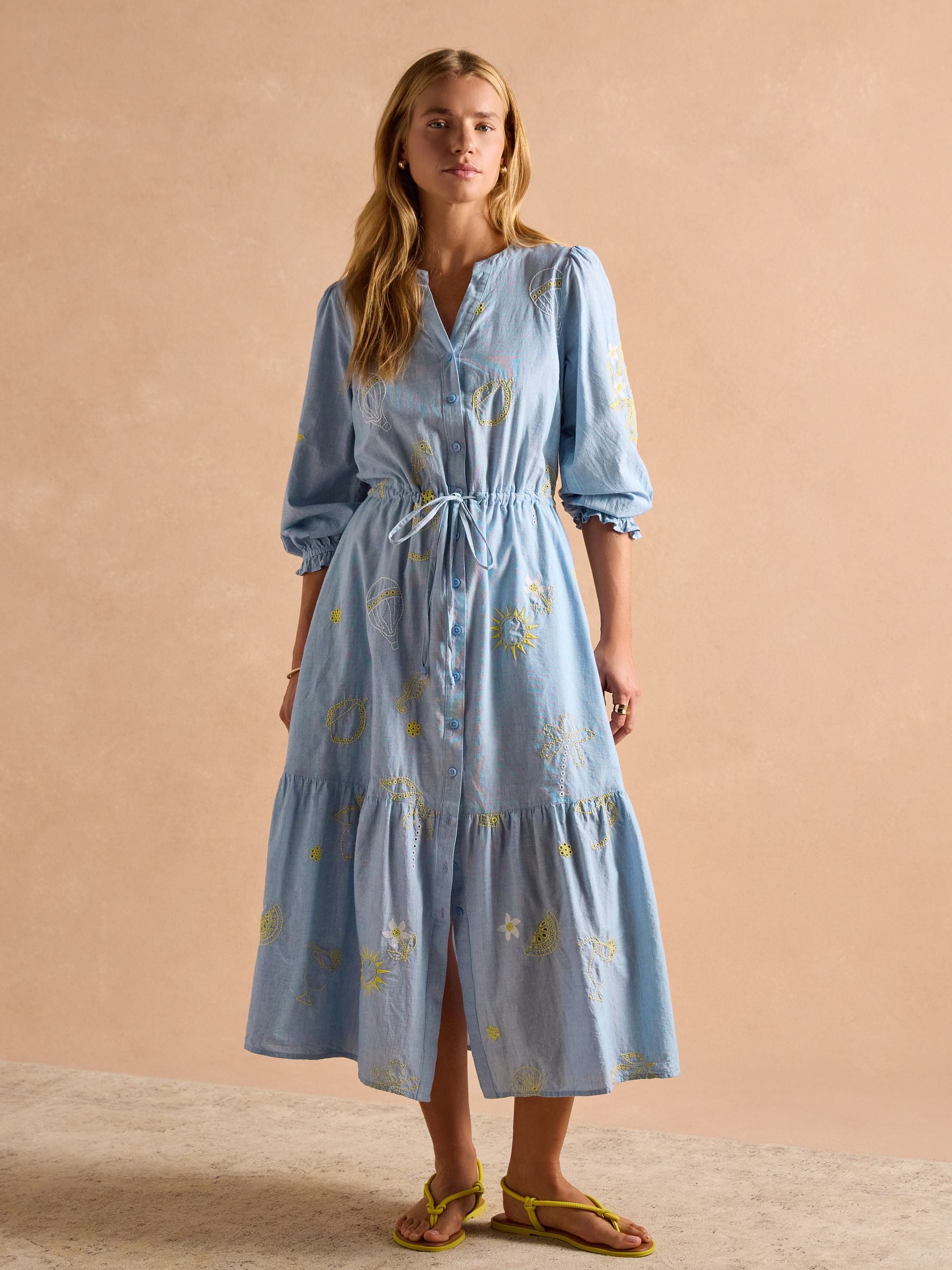 Buy Joules Juliana 100% Cotton Blue Broderie Midi Dress from the