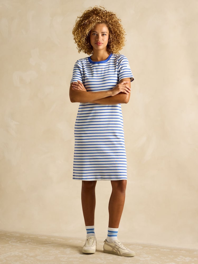 Joules Eden Blue Striped Short Sleeve Jersey Dress - Image 1 of 6