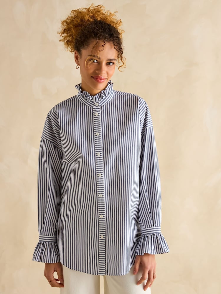 Joules Mae Navy/White Relaxed Fit Frill Neck Shirt - Image 1 of 7