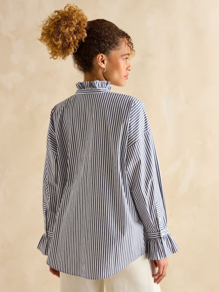 Joules Mae Navy/White Relaxed Fit Frill Neck Shirt - Image 2 of 7