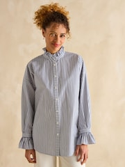Joules Mae Navy/White Relaxed Fit Frill Neck Shirt - Image 3 of 7