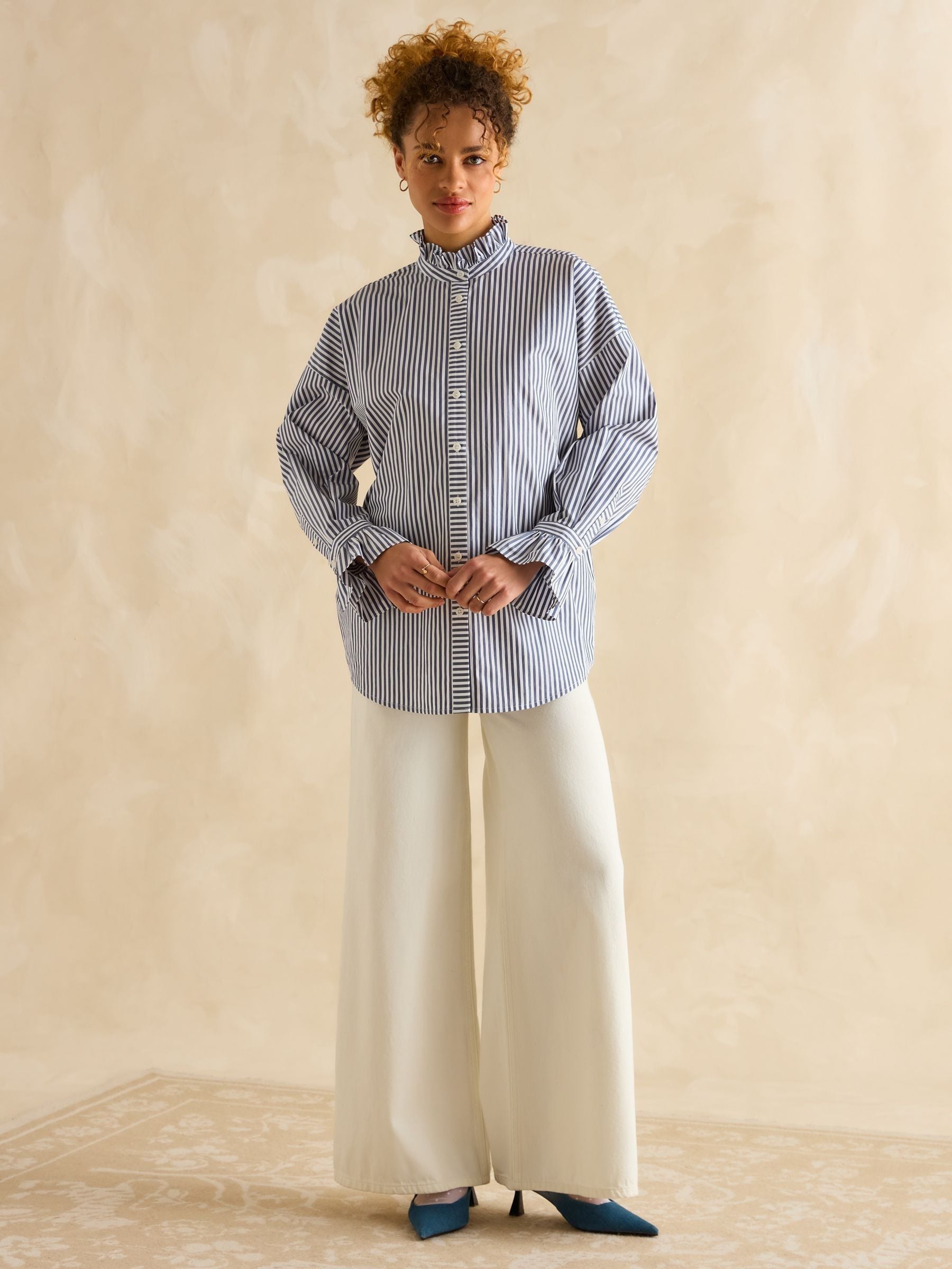 Buy Joules Mae Navy & White Oversized Frill Neck Stripe Shirt from