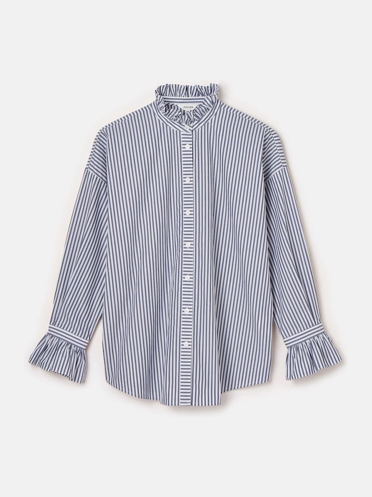 Joules Mae Navy/White Relaxed Fit Frill Neck Shirt - Image 7 of 7