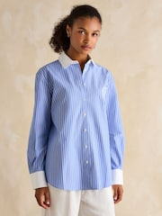 Joules Amilla Blue & White Embroidery Longline Relaxed Fit Shirt - Image 1 of 7