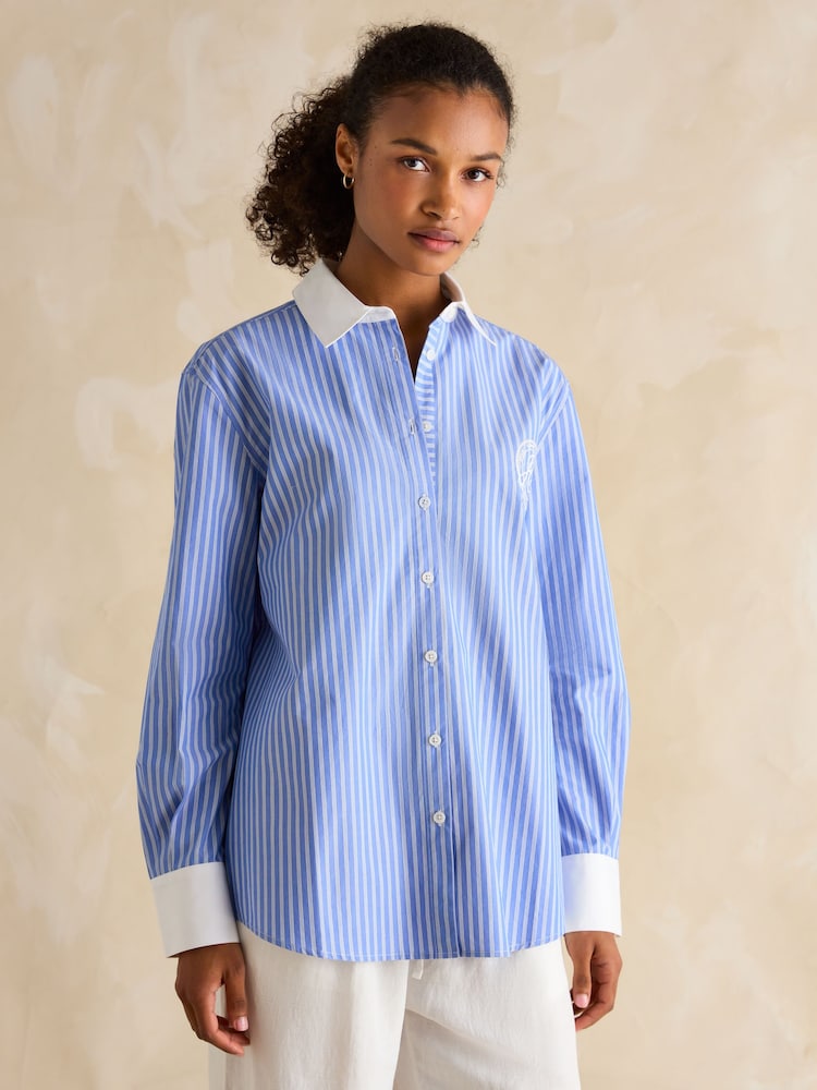 Joules Amilla Blue & White Embroidery Longline Relaxed Fit Shirt - Image 1 of 7