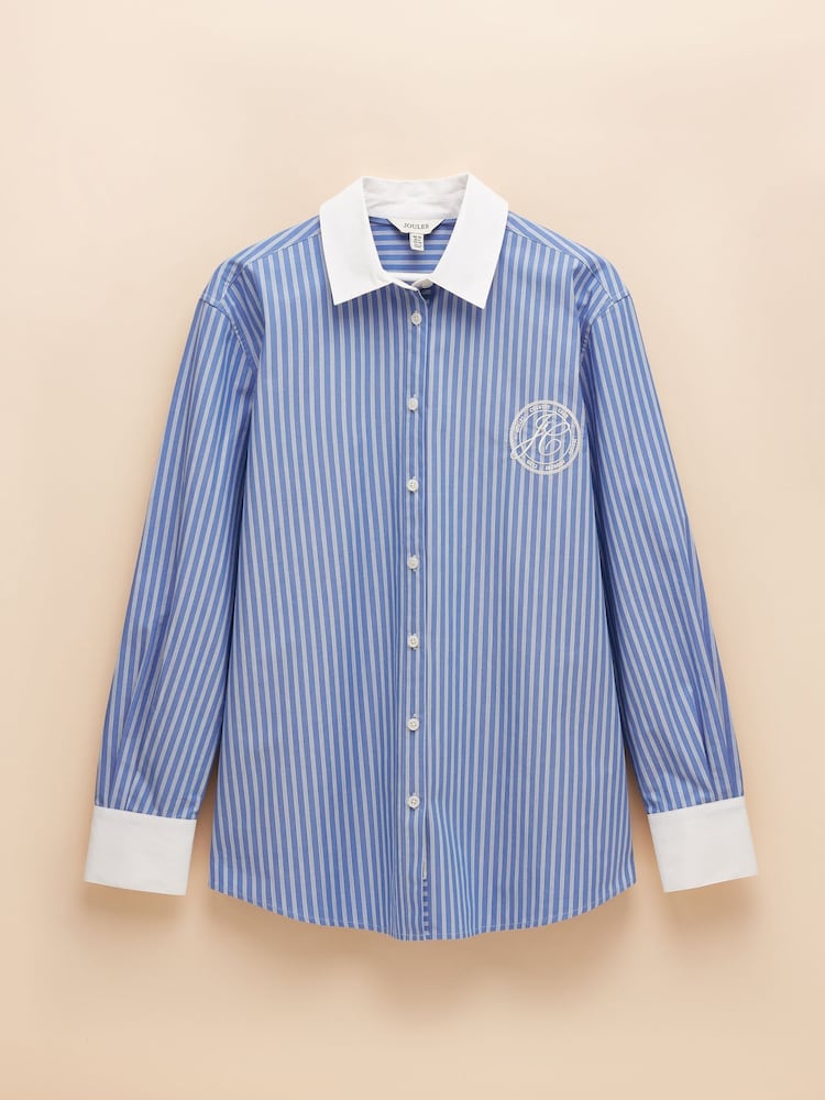 Joules Amilla Blue & White Embroidery Longline Relaxed Fit Shirt - Image 7 of 7