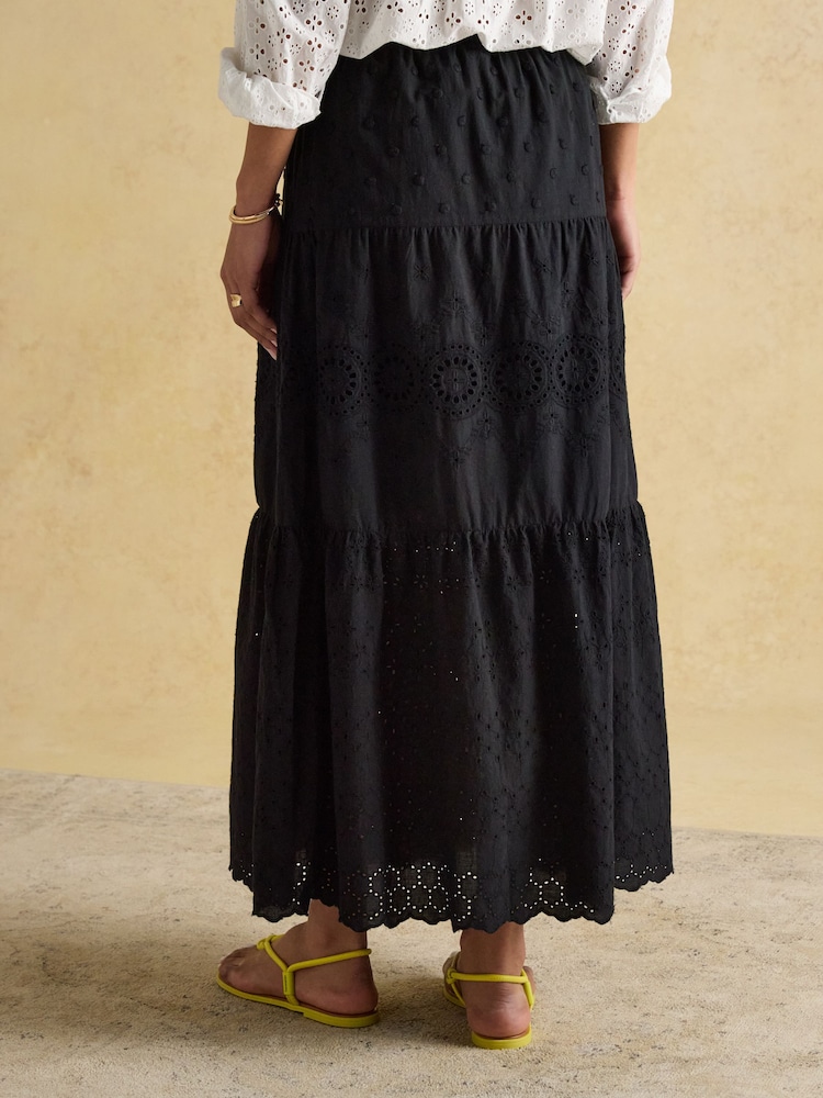 Joules Black Broderie Tiered Maxi Skirt - Image 2 of 7