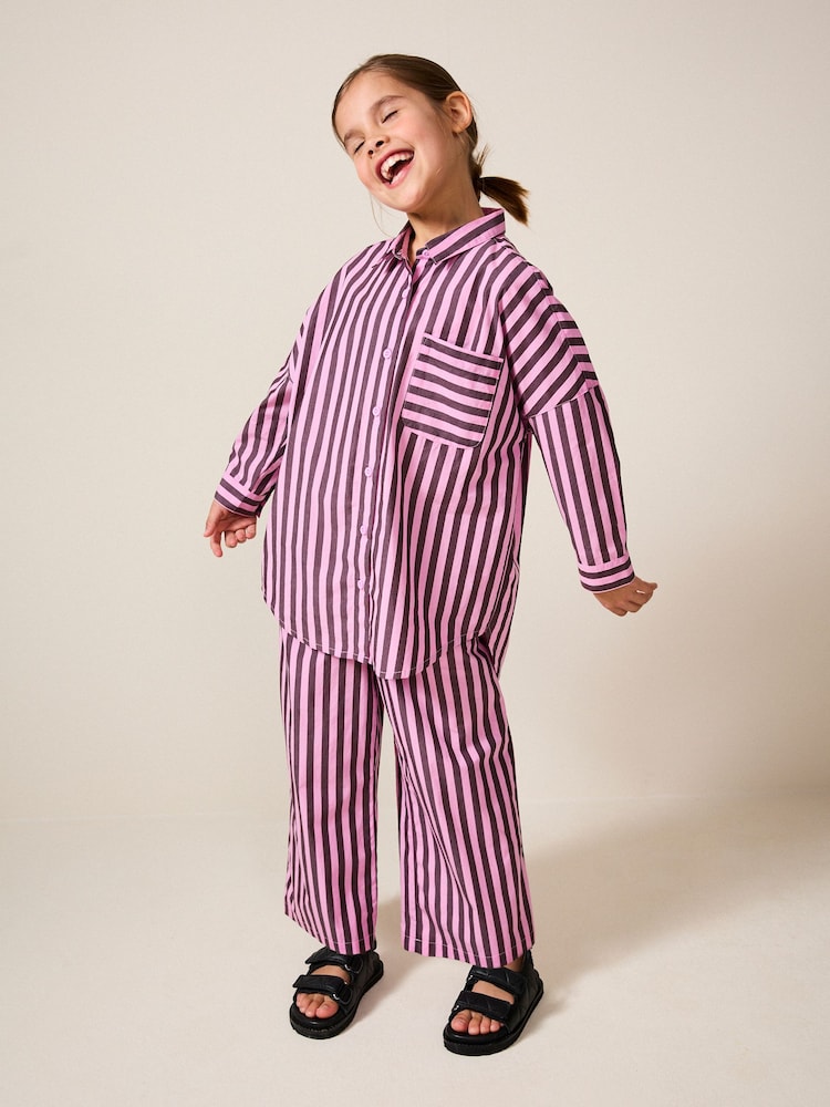 Pink and Chocolate 100% Cotton Stripe 100% Cotton Shirt and Trousers Set (3-16yrs) - Image 2 of 5