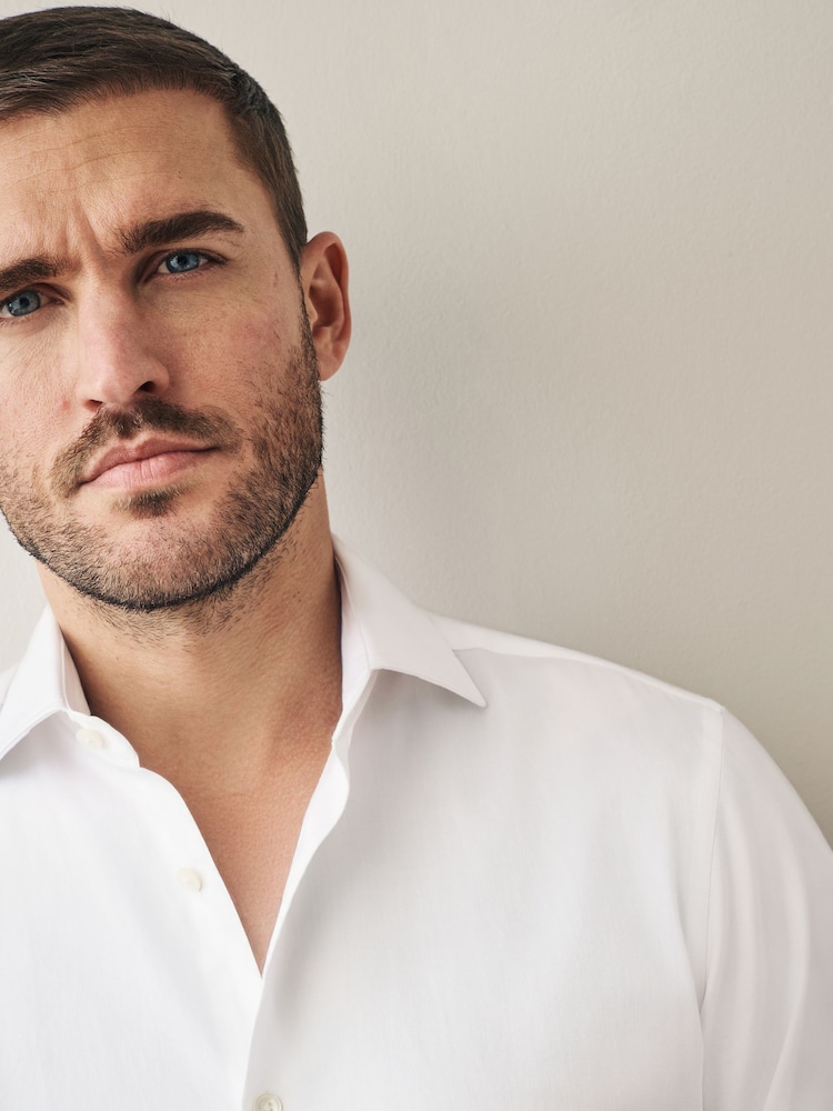 White Slim Fit 100% Pima Cotton Sateen Finish Long Sleeve Signature Shirt - Image 4 of 7