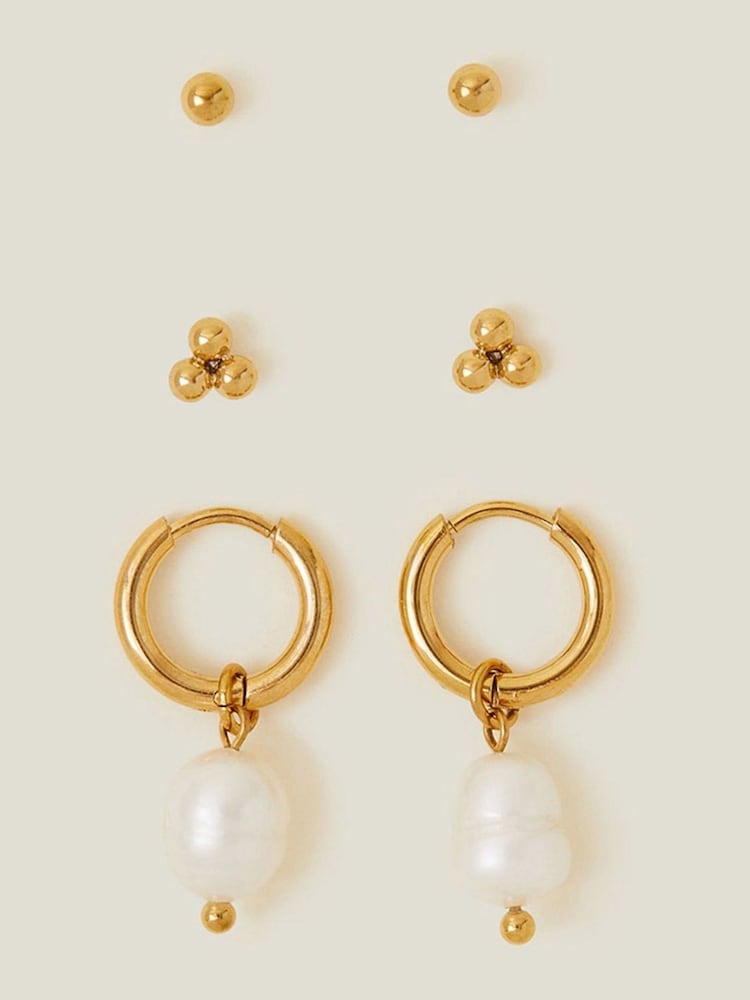 Accessorize Gold Tone Stainless Steel Pearl Earrings 3 Pack - Image 1 of 3
