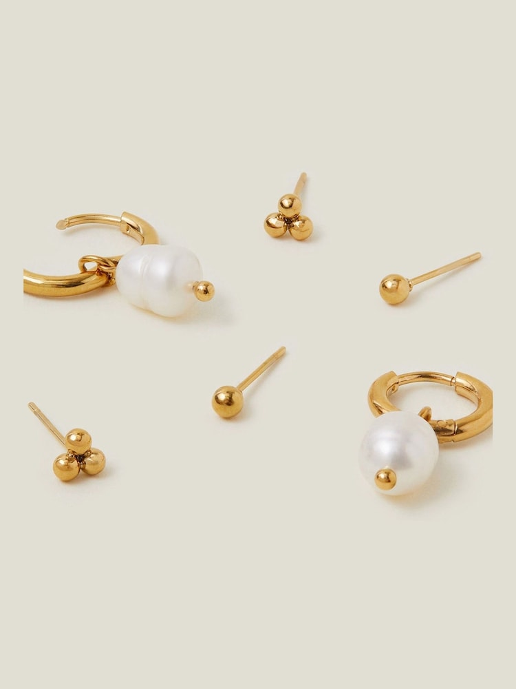 Accessorize Gold Tone Stainless Steel Pearl Earrings 3 Pack - Image 2 of 3