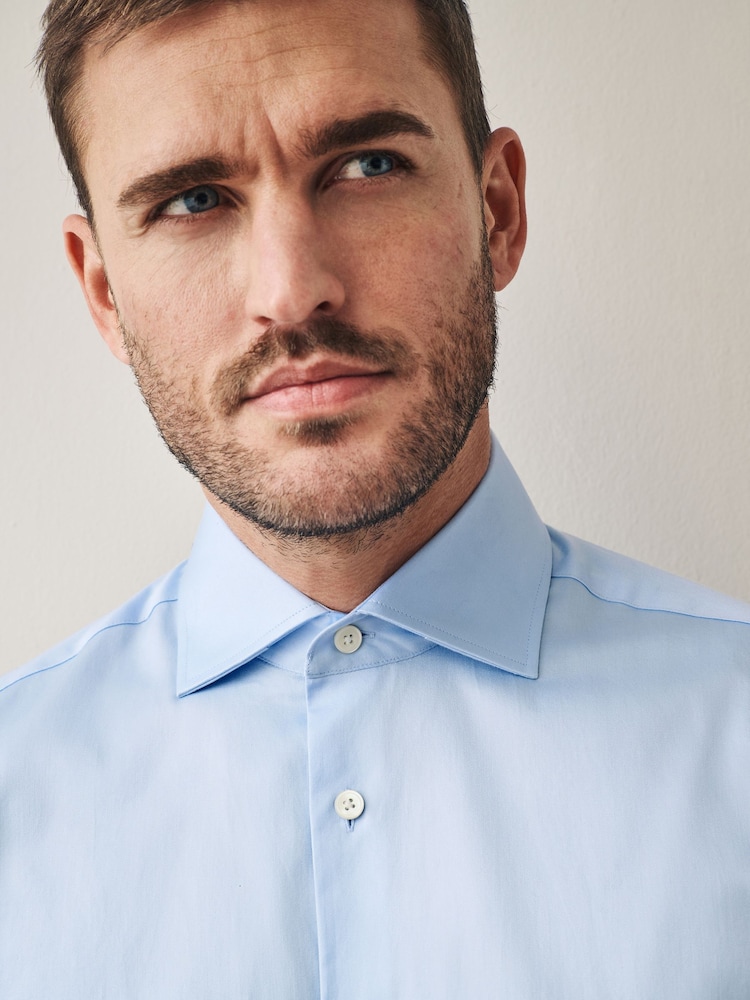 Mid Blue Slim Fit 100% Pima Cotton Sateen Finish Long Sleeve Signature Shirt - Image 4 of 4