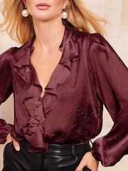 Friends Like These Burgundy Red Long Sleeve Ruffle Front Crushed Satin Blouse - Image 3 of 4
