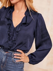Friends Like These Navy Blue Long Sleeve Ruffle Front Crushed Satin Blouse - Image 3 of 4