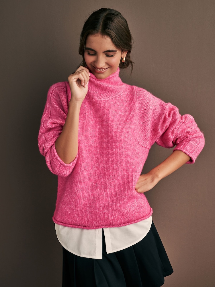 Pink Bright Roll Edge Shirt Layer Knitted 100% Cotton Jumper - Image 1 of 6