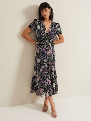 Phase Eight Azalea Print Fil Coupe Black Dress - Image 5 of 6