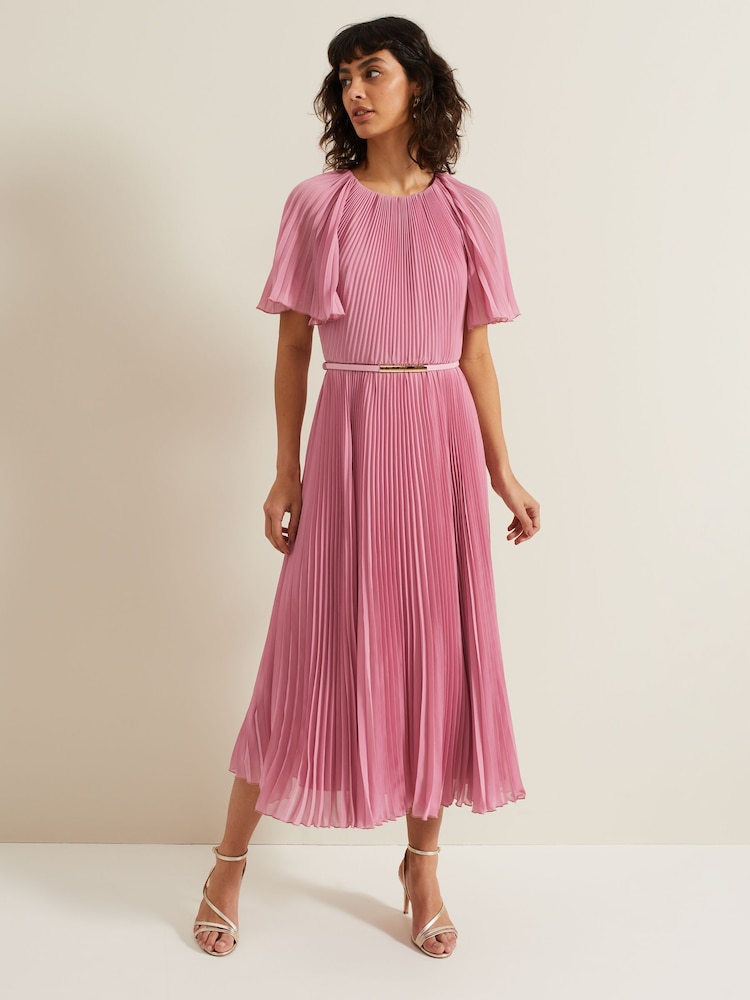 Phase Eight Pink Kathleen Pleated Plain Midi Dress - Image 1 of 6