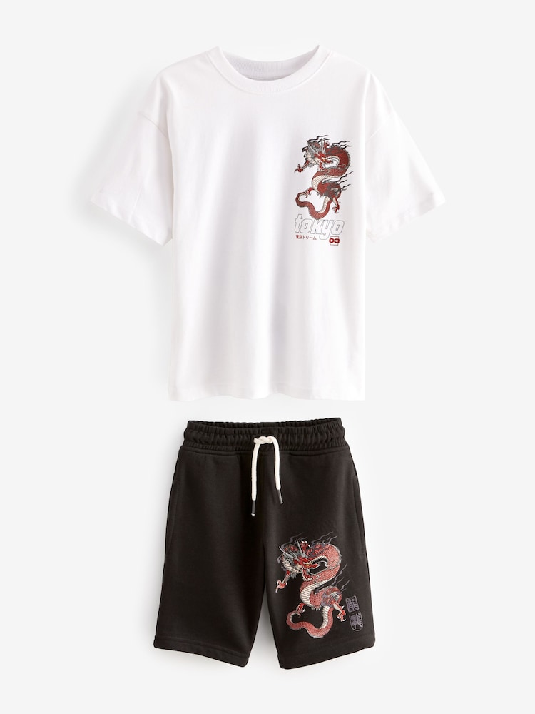 White/Black Dragon Relaxed Fit Graphic Short Sleeve 100% Cotton T-Shirt And Shorts Set (3-16yrs) - Image 1 of 4