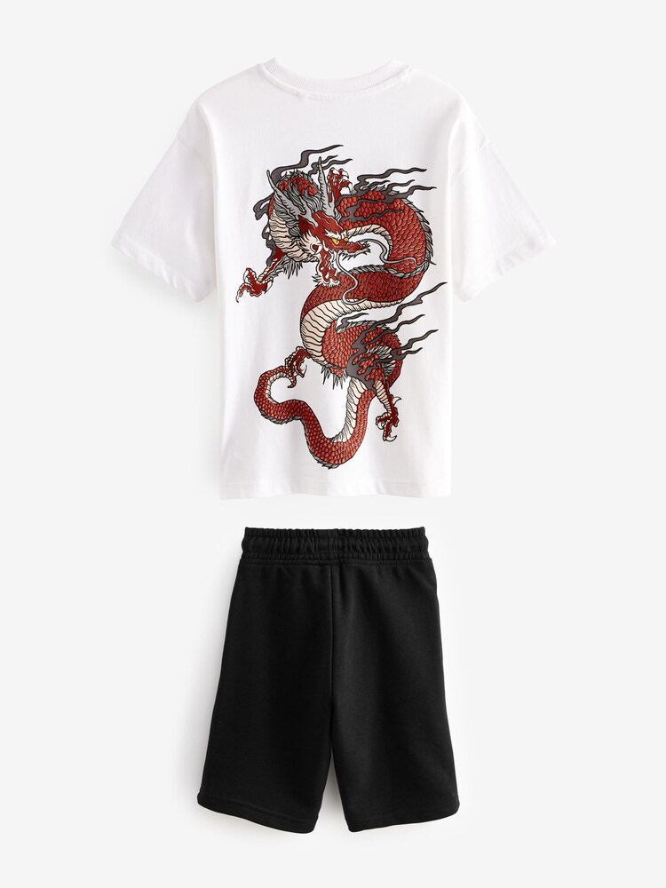 White/Black Dragon Relaxed Fit Graphic Short Sleeve 100% Cotton T-Shirt And Shorts Set (3-16yrs) - Image 2 of 4