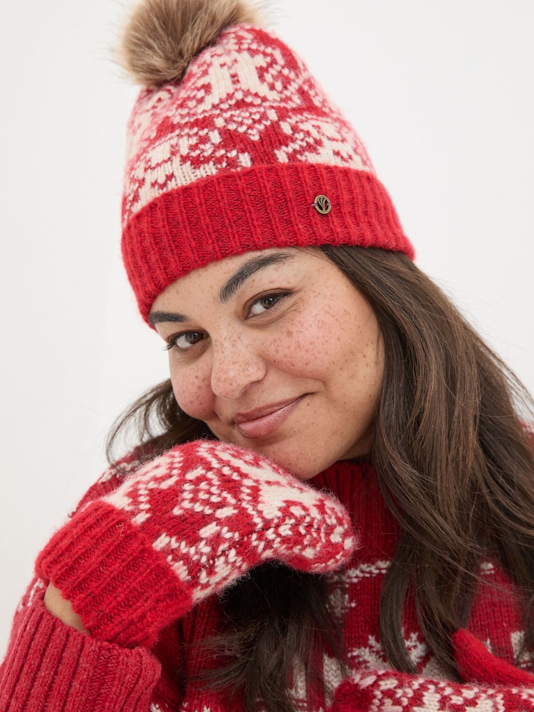 FatFace Red Ginger Bread Beanie Hat - Image 2 of 4