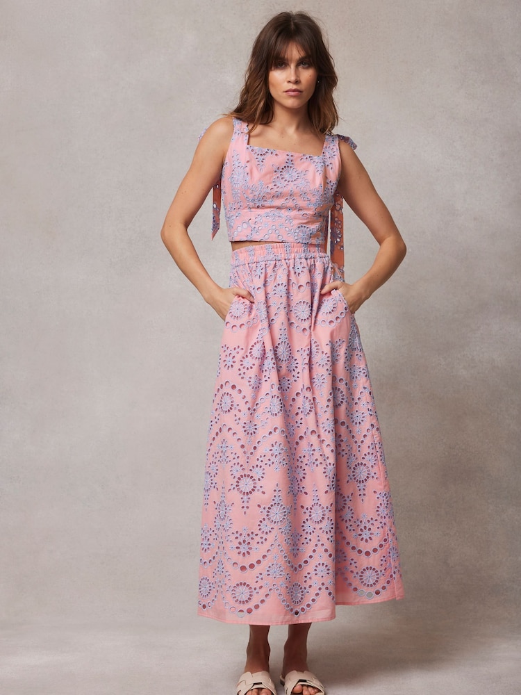 Mint Velvet Pink Broderie 100% Cotton Midi Skirt - Image 1 of 1