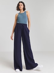 Simply Be Navy Blue Tie Waist Linen Wide Leg Trousers - Image 1 of 4