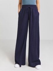 Simply Be Navy Blue Tie Waist Linen Wide Leg Trousers - Image 3 of 4