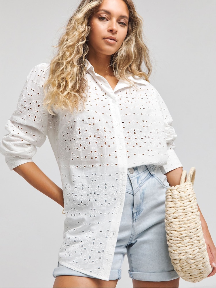 Simply Be White 100% Cotton Broderie Shirt - Image 1 of 3 Simply Be White 100% Cotton Broderie Shirt - Image 1 of 3