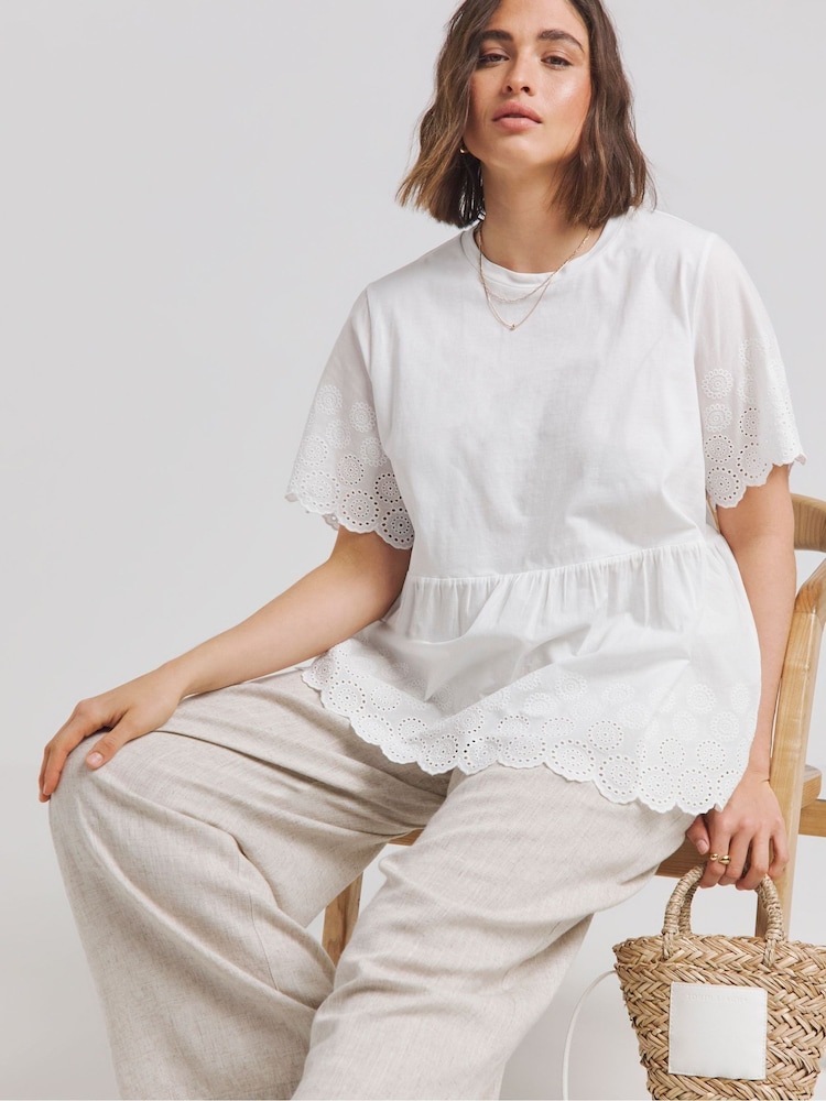 Simply Be White Broderie Smock Blouse - Image 1 of 1 Simply Be White Broderie Smock Blouse - Image 1 of 1
