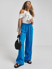 Simply Be Blue Tie Waist Linen Wide Leg Trousers - Image 1 of 4