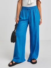 Simply Be Blue Tie Waist Linen Wide Leg Trousers - Image 3 of 4