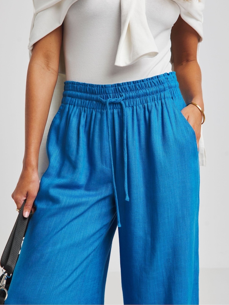 Simply Be Blue Tie Waist Linen Wide Leg Trousers - Image 4 of 4