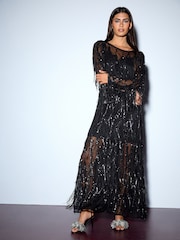 Black Sequin Tassel Long Sleeve Maxi Dress - Image 1 of 11
