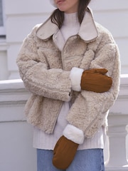 Tan Brown Leather Suede Mittens - Image 1 of 7