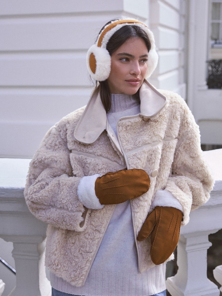 Tan Brown Leather Suede Mittens - Image 2 of 7