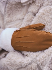 Tan Brown Leather Suede Mittens - Image 4 of 7